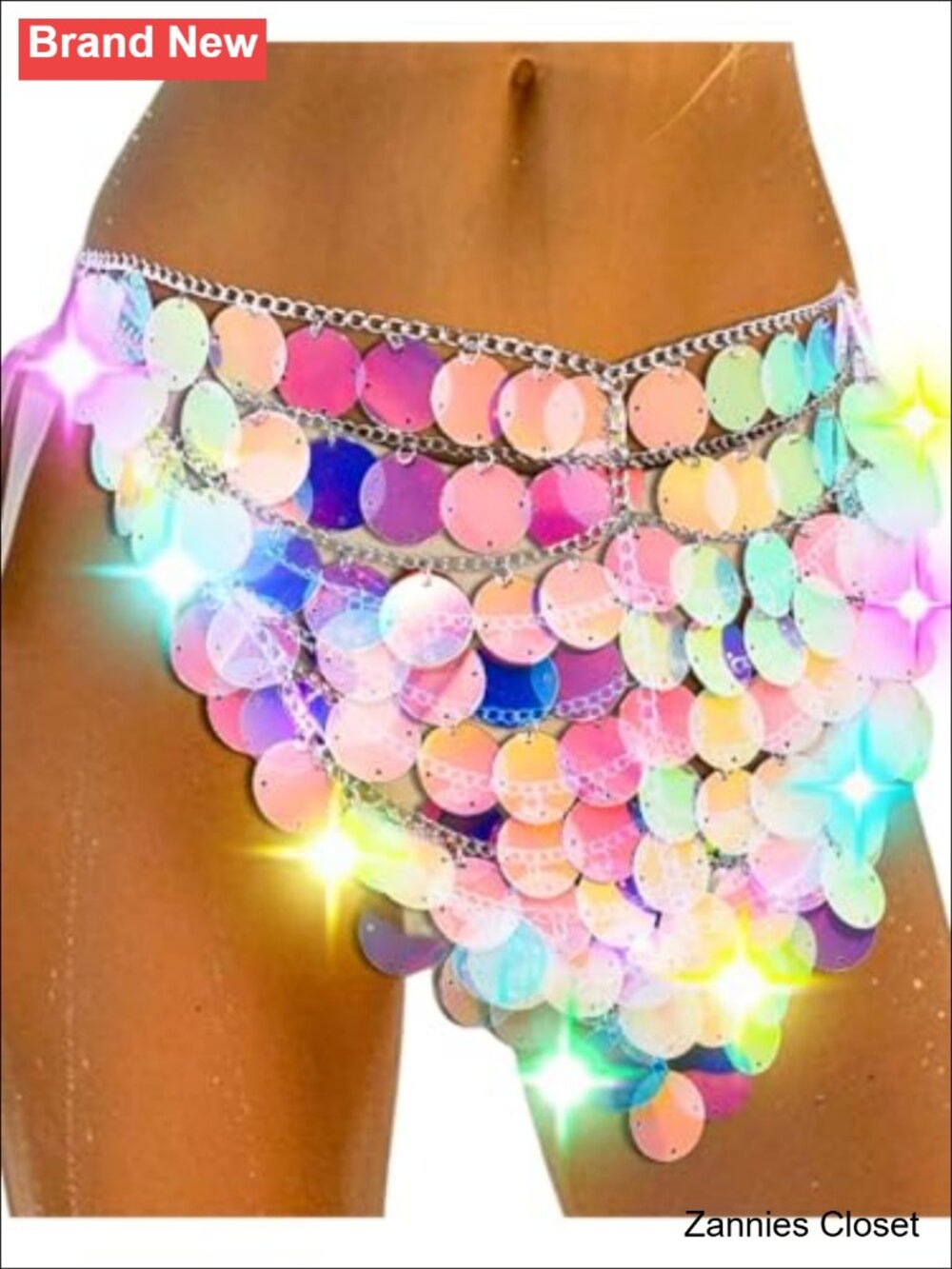 🤠 REETAN Sequin and Alloy Body Chain Light Up Waist Chain Rave Accessory